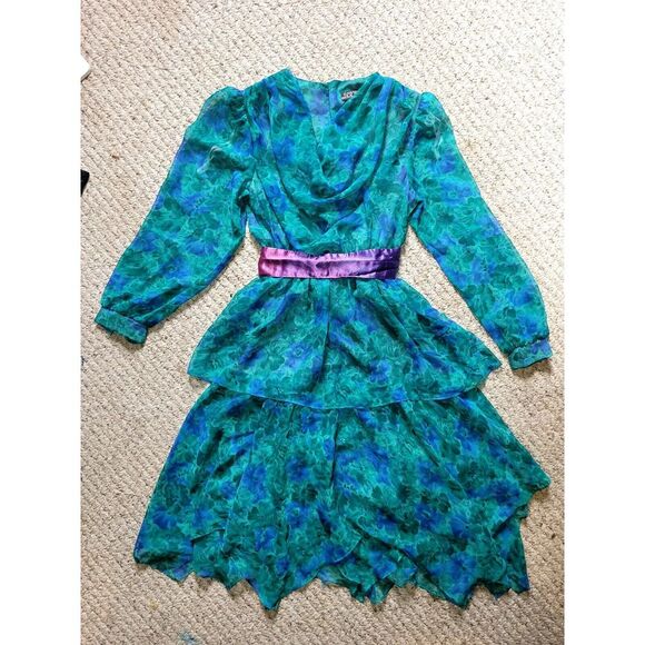 Vintage Chiffon Dress 70s 80s Green Blue Sheer Romantic XS/S Floral‎ Boho - Picture 1 of 7